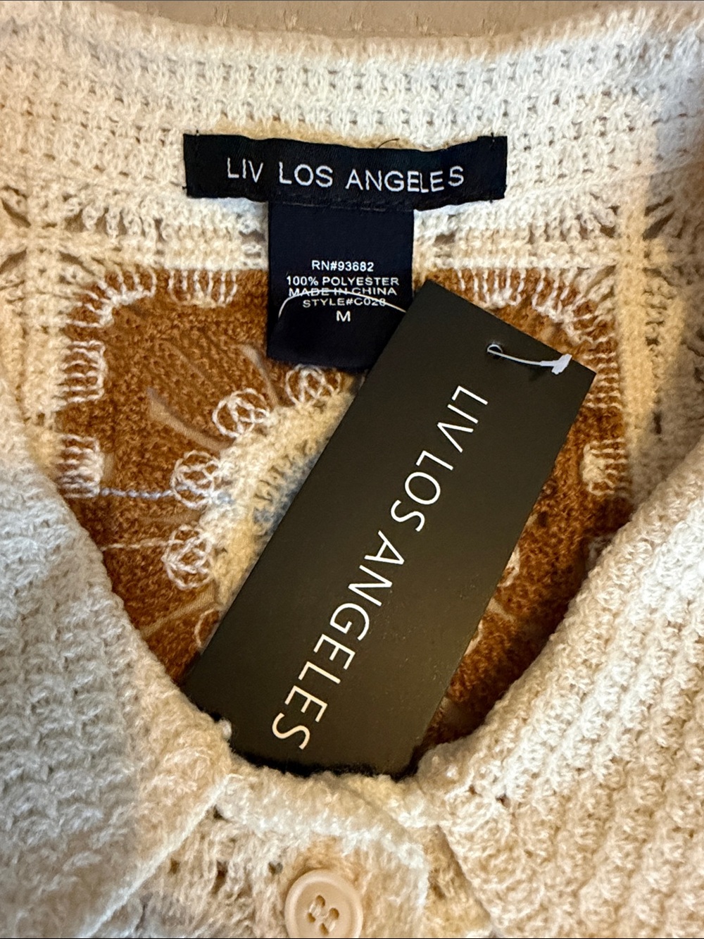 Liv Los Angelos Crochet Button-Up Lightweight Top - Cream, Blue & Brown Med ❤️ - Picture 7 of 8